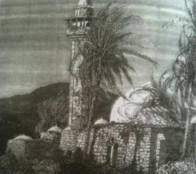 رسم يصور مسجد و مقام ملاصق له أقيم في فلسطين خلال فترة الحكم المملوكي مشابه إلى حد كبير لما هو موجود في بلدة الخيام